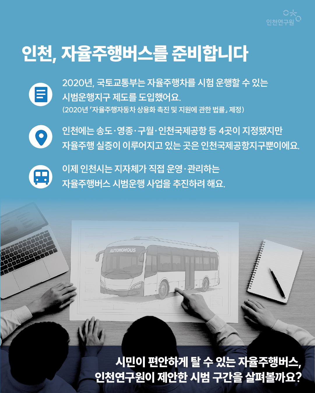 인천, 자율주행버스를 준비합니다 2020년, 국토교통부는 자율주행차를 시험 운행할 수 있는 시범운행지구 제도를 도입했어요. (2020년 「자율주행자동차 상용화 촉진 및 지원에 관한 법률」 제정) 인천에는 송도&middot;영종&middot;구월&middot;인천국제공항 등 4곳이 지정됐지만 자율주행 실증이 이루어지고 있는 곳은 인천국제공항지구뿐이에요. 이제 인천시는 지자체가 직접 운영&middot;관리하는 자율주행버스 시범운행 사업을 추진하려 해요. 시민이 편안하게 탈 수 있는 자율주행버스, 인천연구원이 제안한 시범 구간을 살펴볼까요?